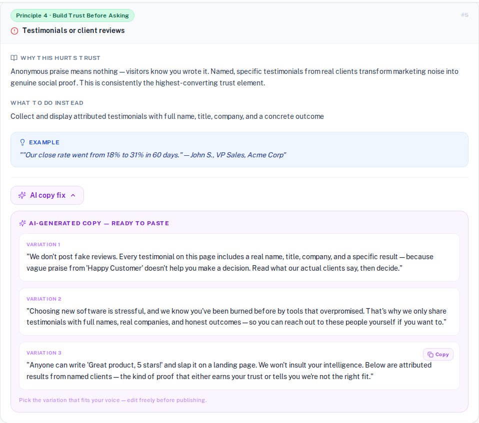 Here's the AI Copy Fix generating rewrites
